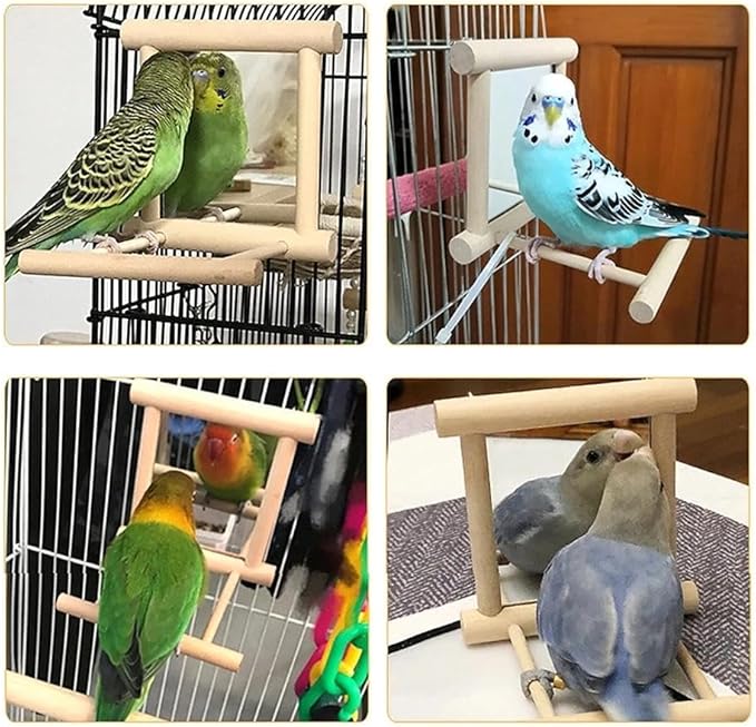 Bird Mirror with Swing and Perch for Parakeets Cockatiels Lovebirds Finches - Wooden Interactive Hanging Cage Toy, 3.7 x 3.5 x 3.5 Inch, 1 Pack