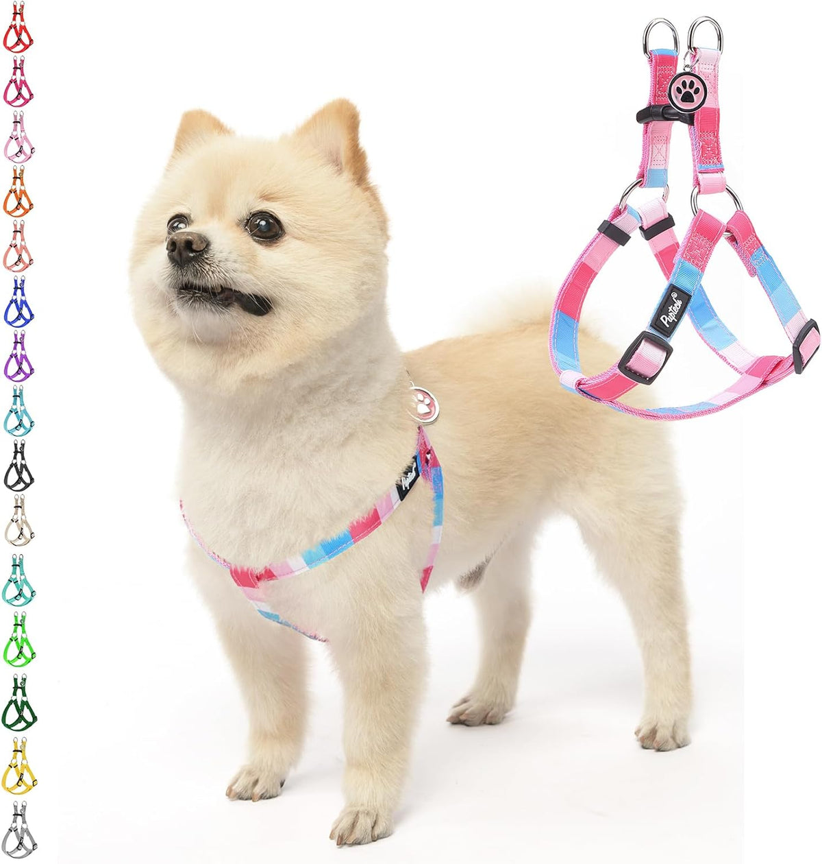 PUPTECK No Pull Dog Harness Soft Adjustable Basic Nylon Step in Puppy Vest Outdoor Walking with ID Tag, Striped Pink, M