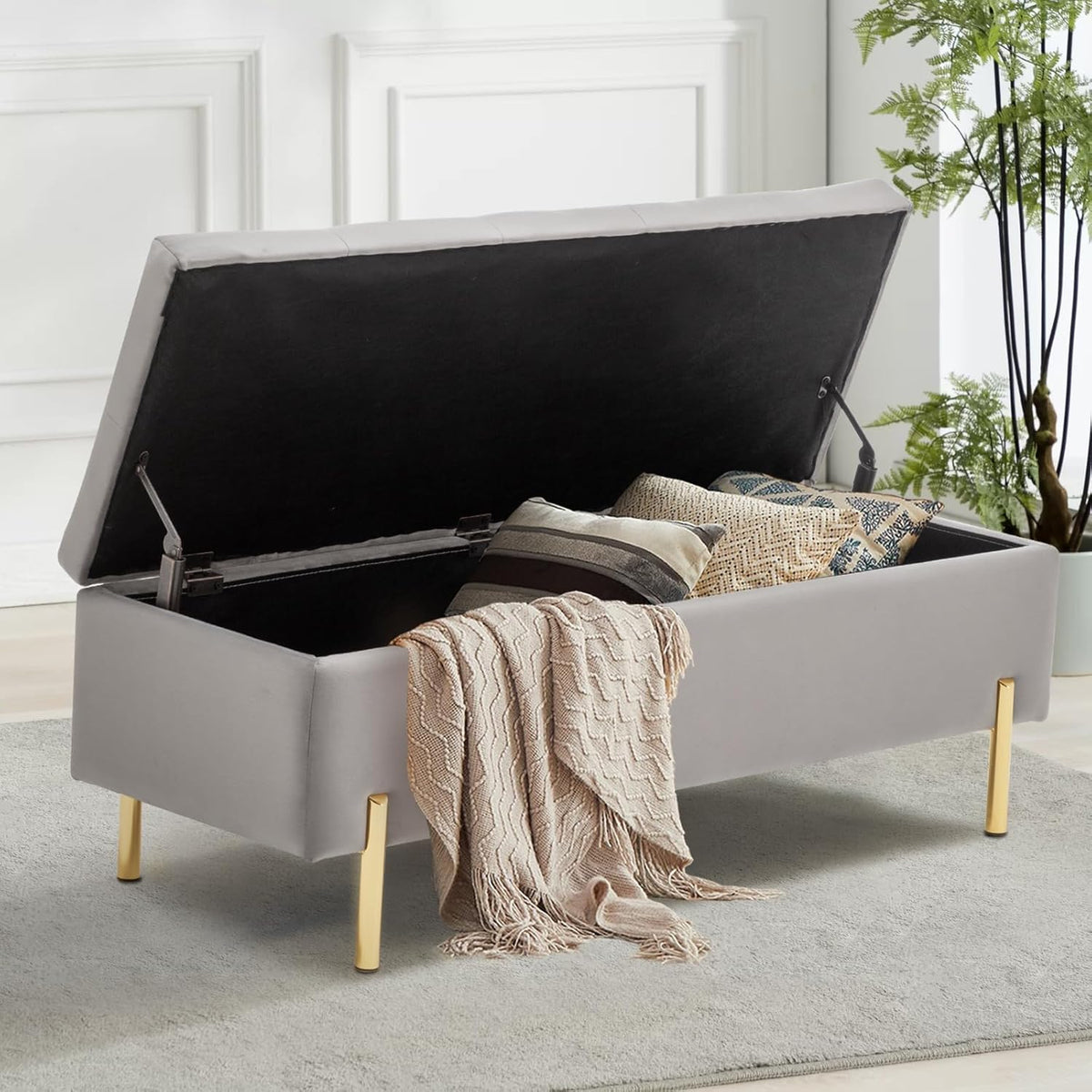 45.6 Inch Velvet Storage Bench, Tufted Upholstered Ottoman with Storage, Bedroom Living Room Entryway Rectangular Accent Bench, Grey
