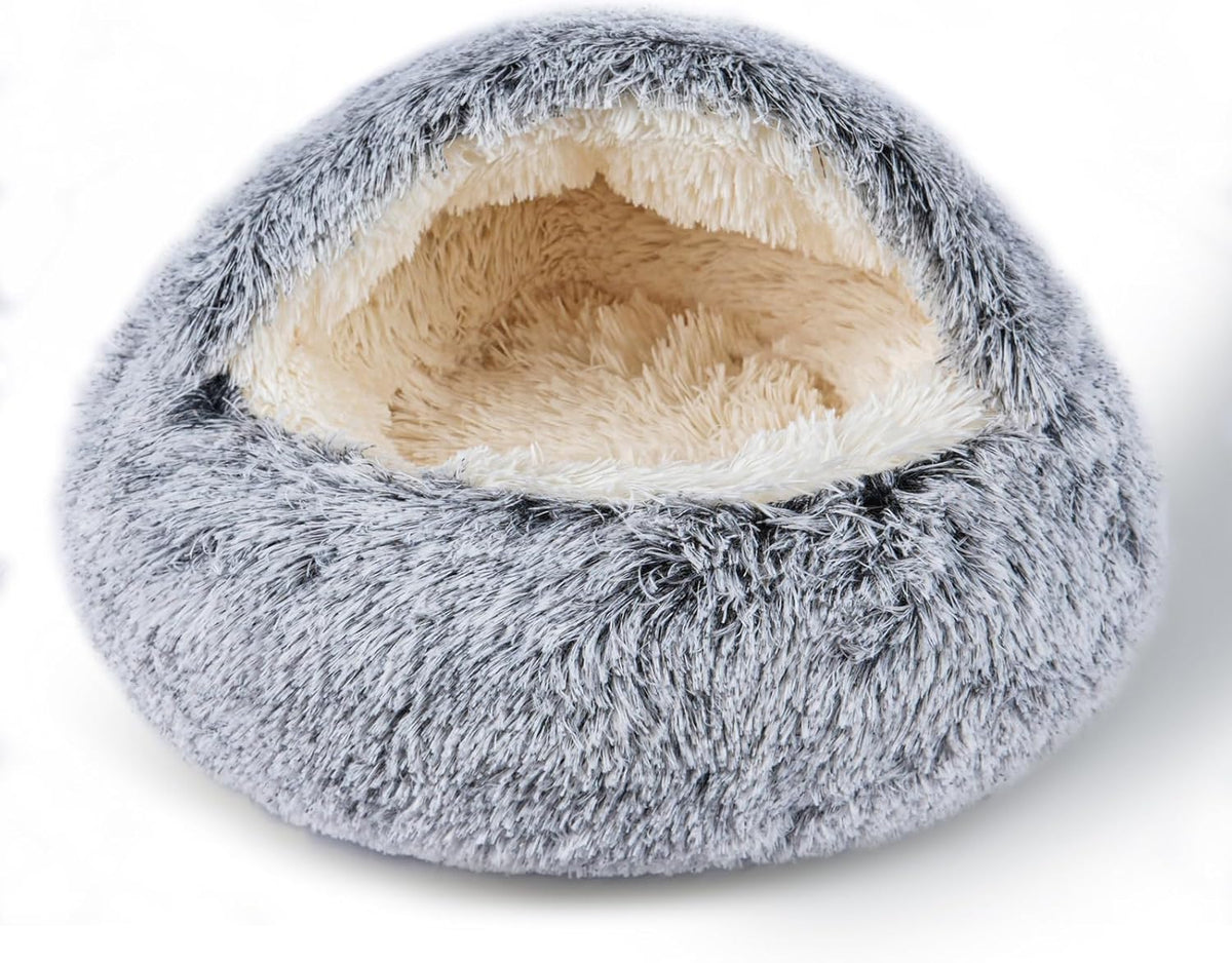 Cat Bed for Indoor Cats, Calming Cozy Cave with Self-Warming Plush, Entire Bed Machine Washable & Anti-Slip Base, Breathable Pet Bed for Small Cats&Dogs All Seasons (Grey, 20 * 20inch)