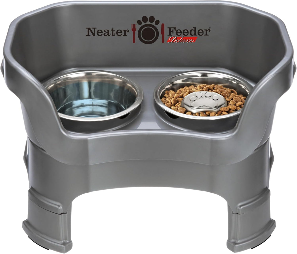 Neater Feeder Deluxe Mess Proof Dog Bowls Elevated for Medium Sized Breeds – Made in USA – No Spill Raised Slow Feeder Elevated Dog Bowl Stand w/Leg Extensions, Food and Water Bowl Set, Grey
