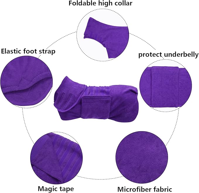 Geyecete Dog Drying Coat - Dog Bathrobe Towel - Microfibre Fast Drying Super Absorbent Pet Cat Bath Robe Towel, Luxuriously Soft - Purple - M