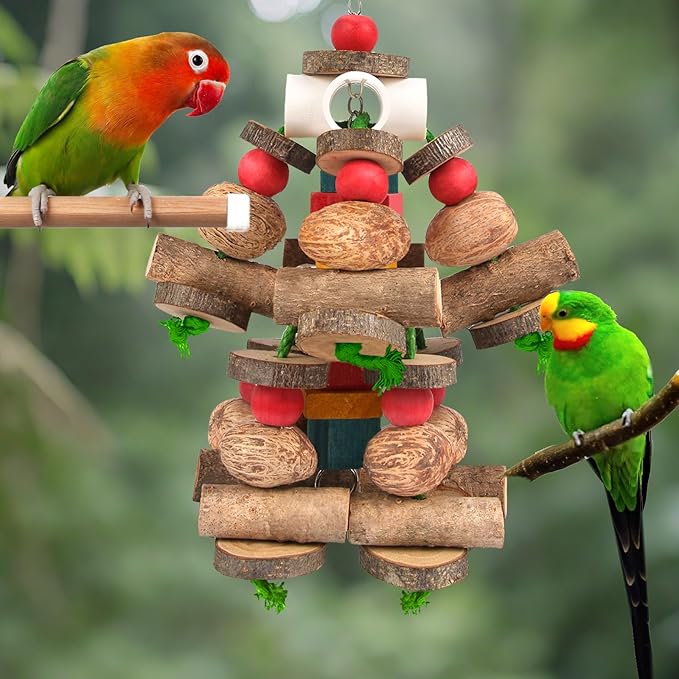 Kyouki Large Parrot Toy, Bird Toys for Cockatoos,Macaws, African Grey, Amazon Parrots,Conures, Lovebirds, Multicolored Natural Wooden Blocks Chewing Toys Bird Cage Accessories (Natural)