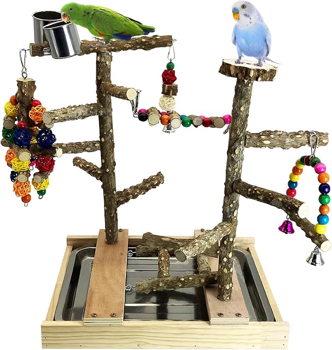 Tfwadmx Bird Playground Natural Wood Bird Play Stands Parrot Perch Stand with Removable Tray Climb Ladders Swing Chewing Toys for Lovebirds Cockatiels Budgies