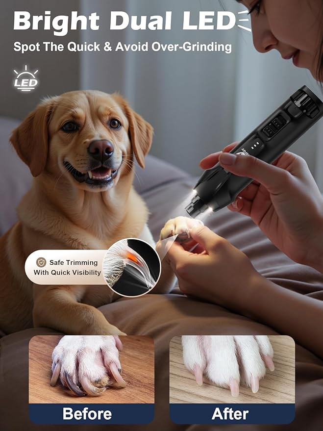 Casfuy 6-Speed Dog Nail Grinder – 50%+ Boost Power Dog Nail Trimmers Quiet with Dust Cap & 2 LED Lights & 2000mAh Battery & 4.8V Motor Electric Pet Toenail File Tool for Large Medium Small Dogs Cats