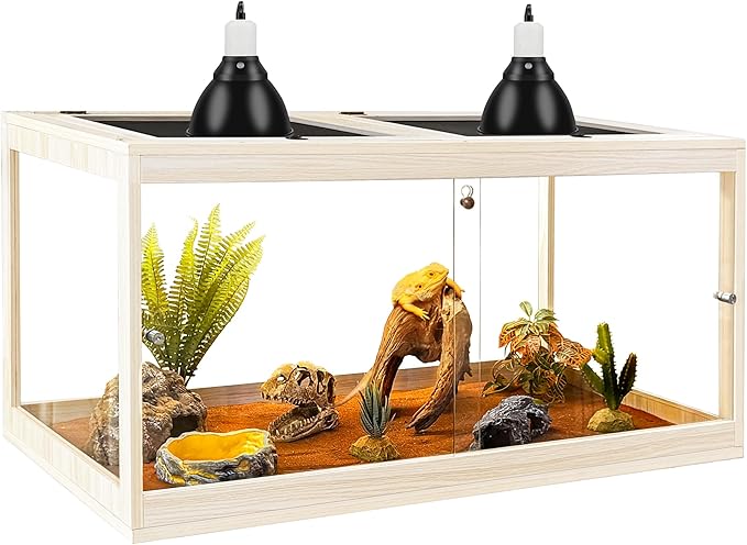 PROLEE Tempered Glass Bearded Dragon Tank,63 Gallon Reptile Tank with Meatl Mesh Roof and Front Sliding Door, Anti-Scratch Lizard Tank,Spacious Reptile Enclosure for Snakes,Lguanas, Chameleons (Oak)