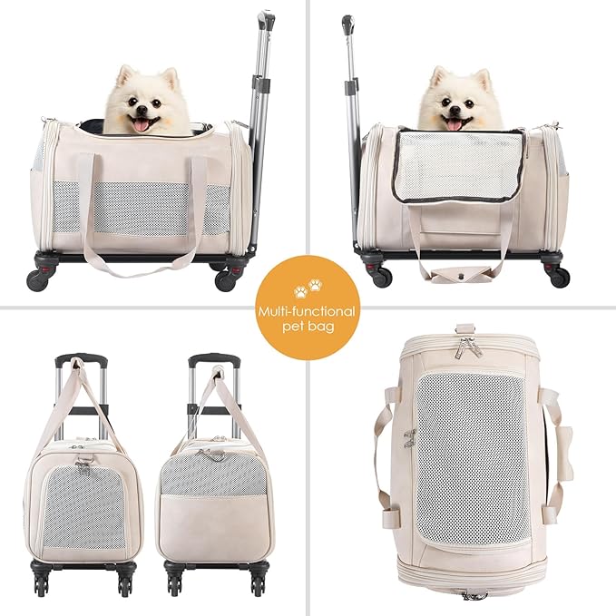 Airline Approved Pet Carrier with Wheels, Rolling Soft Sided Dog Cat Travel Bag, Premium Fashion Leather Small Pet Carrier Purse for Puppies and Cats White