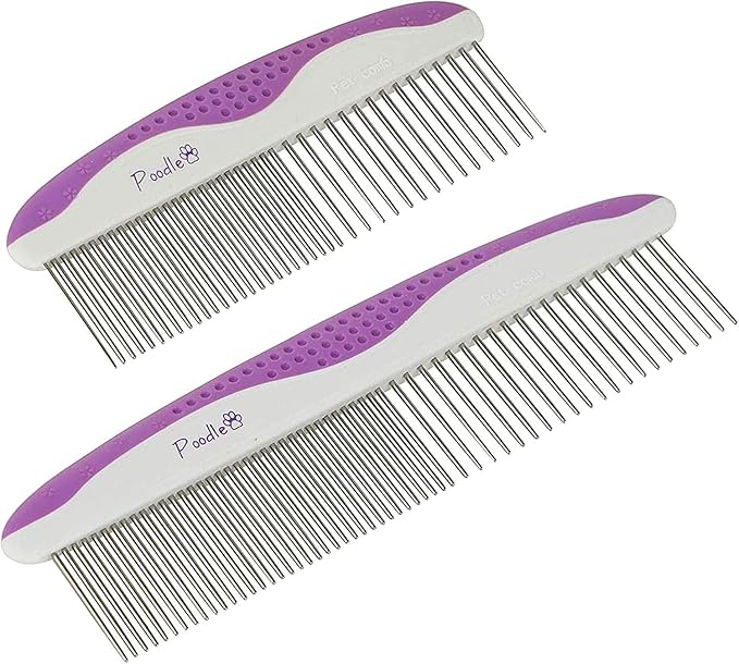 Poodle Pet Dog Combs for Grooming | 2 Pack | Stainless Steel Teeth Easily Remove Dirt | Proper Care Prevents Knots and Mats for Long and Short Haired Pets | Anti-Slip Comfort Grip Handle (Purple)