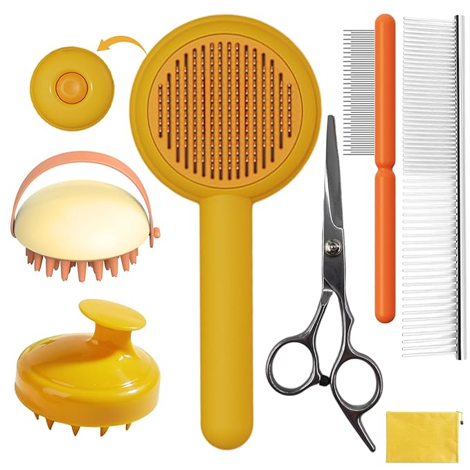 Dog Grooming Brush Set, 7 PCS Self-Cleaning Deshedding Hair Brushes for Short Long Haired Dogs Cats, Includes Scrubber Shower Wash Brush, Dematting Comb, Scissor - Yellow