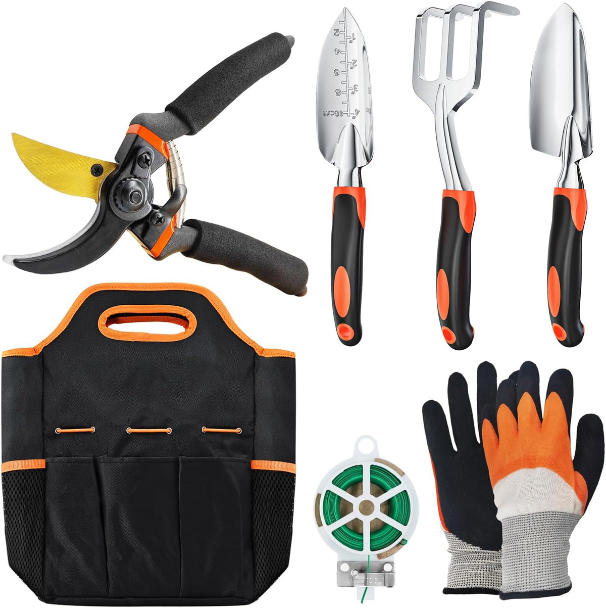 ESOW Garden Tool Set 7 PCS, Includes Cast-Aluminum Heavy Duty Hand Trowel, Transplant Trowel, Hand Rake, SK-5 Steel Gardening Scissor, Plant Tie, Bag & Gloves, Tool Kit Gifts