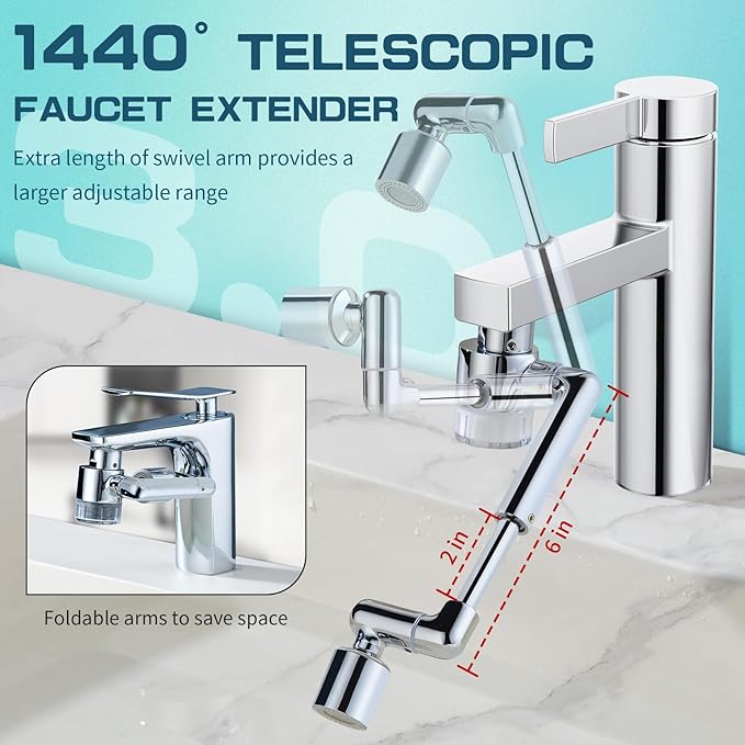 CECEFIN 1440ºSink-Water-Filter Faucet-Extender 3.0 Telescopic - Carbon Purifier Reduce 99% Chlorine, NSF Certified Bathroom Kitchen Aerator, Swivel Long Arm Extension for Toddlers, Hard Water Softener