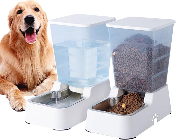 Meikuler Pets Auto Feeder 5.2L,Food Feeder and Water Dispenser Set for Medium & Large Dogs Cats and Pets Animals (White)