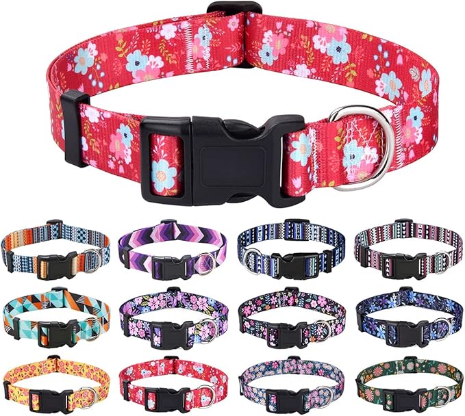 Dog Collar with Bohemia Floral Tribal Geometric Patterns - Soft Ethnic Style Collar Adjustable for Small Medium Large Dogs(Red Flower,L)