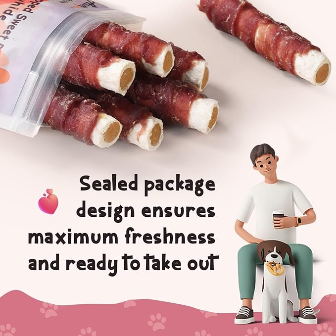 ASMPET Dog Treats Chews, Duck Wrapped Rawhide Sticks Filled with Sweet Potato for Small Medium Large Dogs（6pcs）