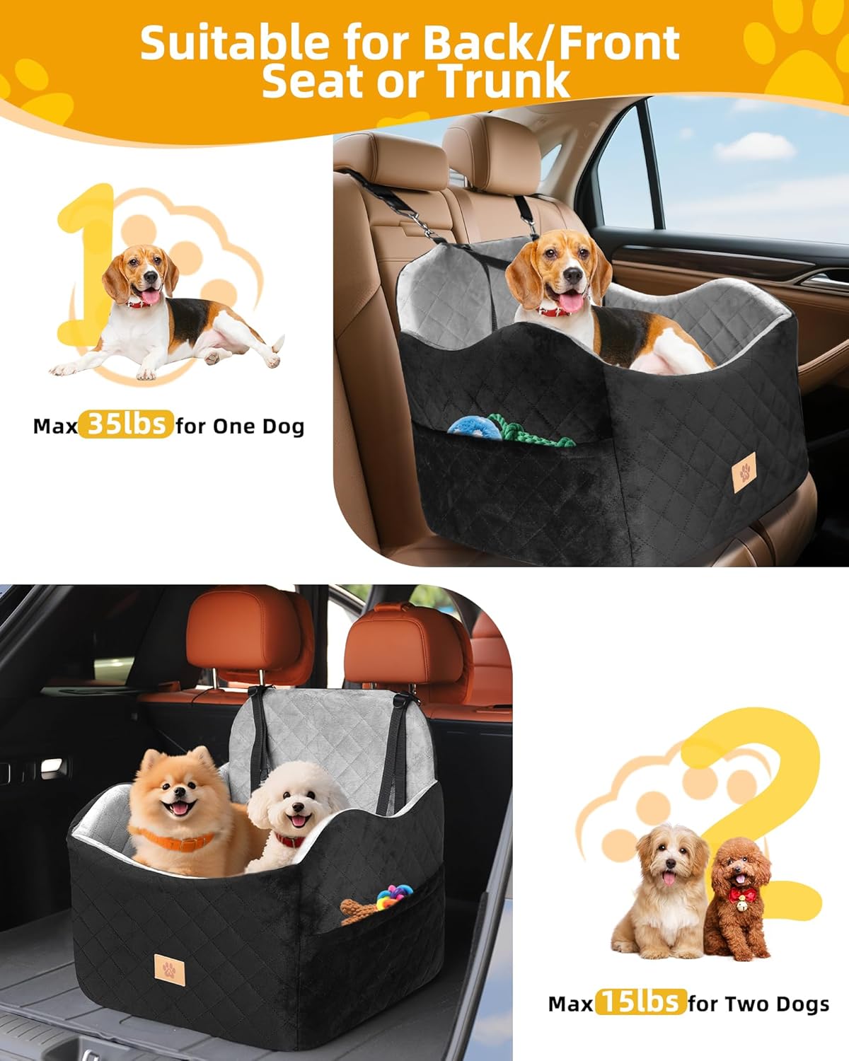 Car Seat Booster for Dog: High-Support Memory Foam Pet Car Seat for Small/Medium Dogs Under 35lbs with Elevated Cushion, Pockets - Detachable Washable Puppy Travel Bed for Driving(Black/Grey)