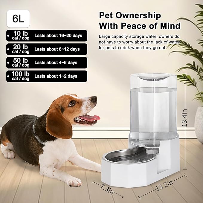 Sfozstra Dog Water Bowl Dispenser: 6L Large White Gravity Stainless Steel Bowl - Without Filter - Pet Feeder for Pets Indoor/Outdoor Use by Owners