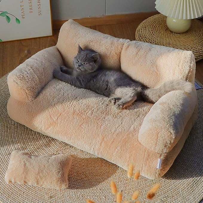 Soft Fluffy Self-Warming Cat Bed | Washable Pet Sofa for Indoor Cats & Small Dogs | Cute Princess-Inspired Kitten Couch & Puppy Bed(Beige,29.53''*20.08''*11.02'')