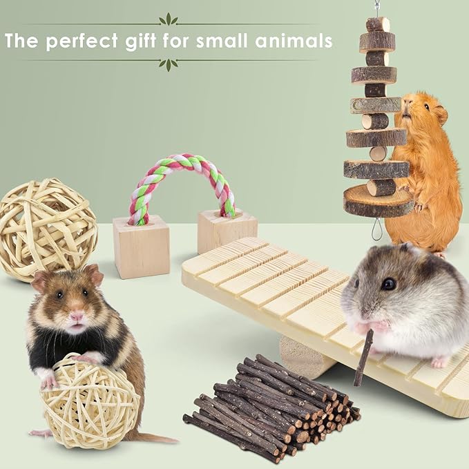 ERKOON New 12 Pack Hamster Chew Toys Gerbil Rat Guinea Pig Chinchilla Chew Toys Accessories, Natural Wooden Dumbbells Exercise Bell Roller Teeth Care Molar Toy for Rabbits Bird Rabbits Hamster Gerbil