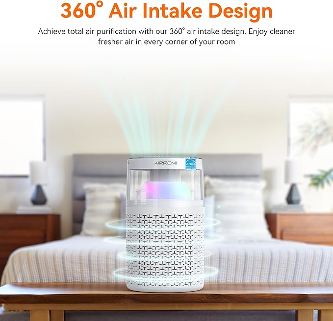 AIRROMI Air Purifiers for Bedroom Home,Up to 658 Ft²,Activated Carbon Filter Cleaner,With Fragrance Sponge for Better Sleep,Night Light,Pet Dander,Allergies,Smoke,Odor,Desktop Air Cleaner A2002 White