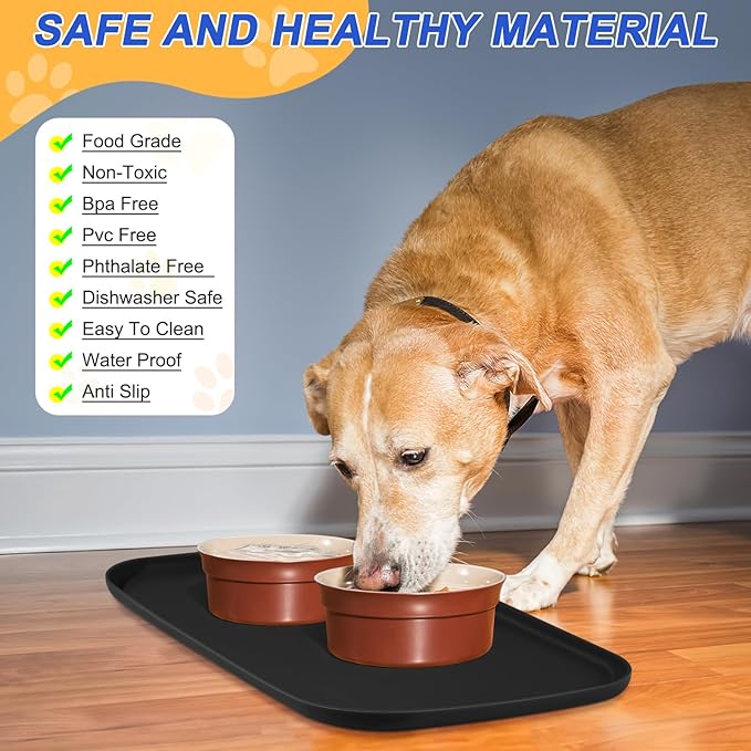 Silicone Pet Feeding Mat with Raised Edge for Food and Water, Dog Bowl Mats, Cat Bowls Placemat with High Lip for Floor Waterproof, Rubber Tray for Cats and Dogs 24 x 16 x0.8 Black