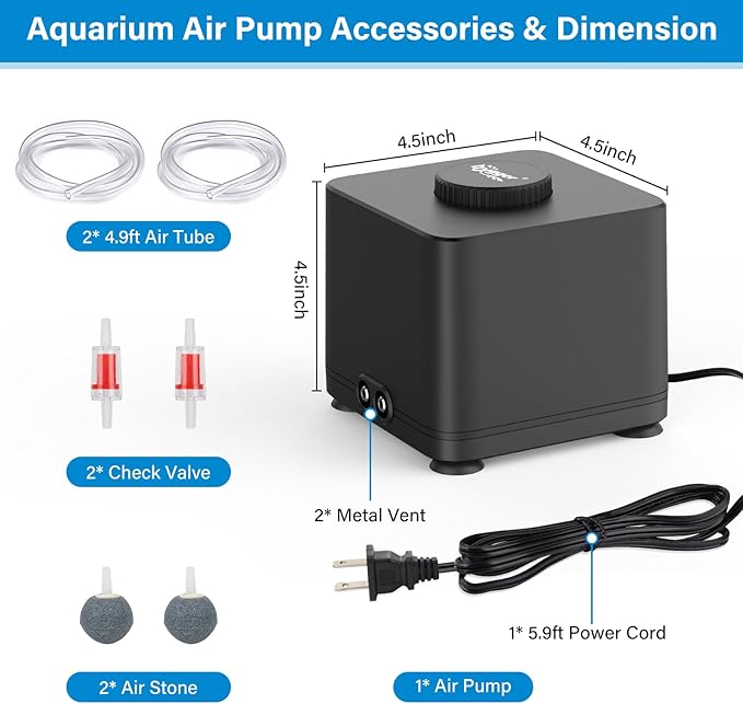 hygger Aquarium Air Pump, Quiet Adjustable Fish Tank Air Pump, 4W/7W/11W Powerful Oxygen Aerator Dual Stainless Steel Outlets with Air Stone Bubbler for Small Medium Large Fish Tank, Hydroponic