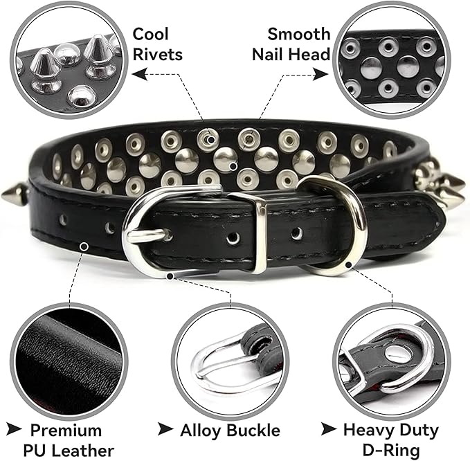 Spiked Dog Collar Soft Pu Leather Mushrooms Rivet Spike Studded Puppy Adjustable Pet Collars for Small Breeds (M, Red)