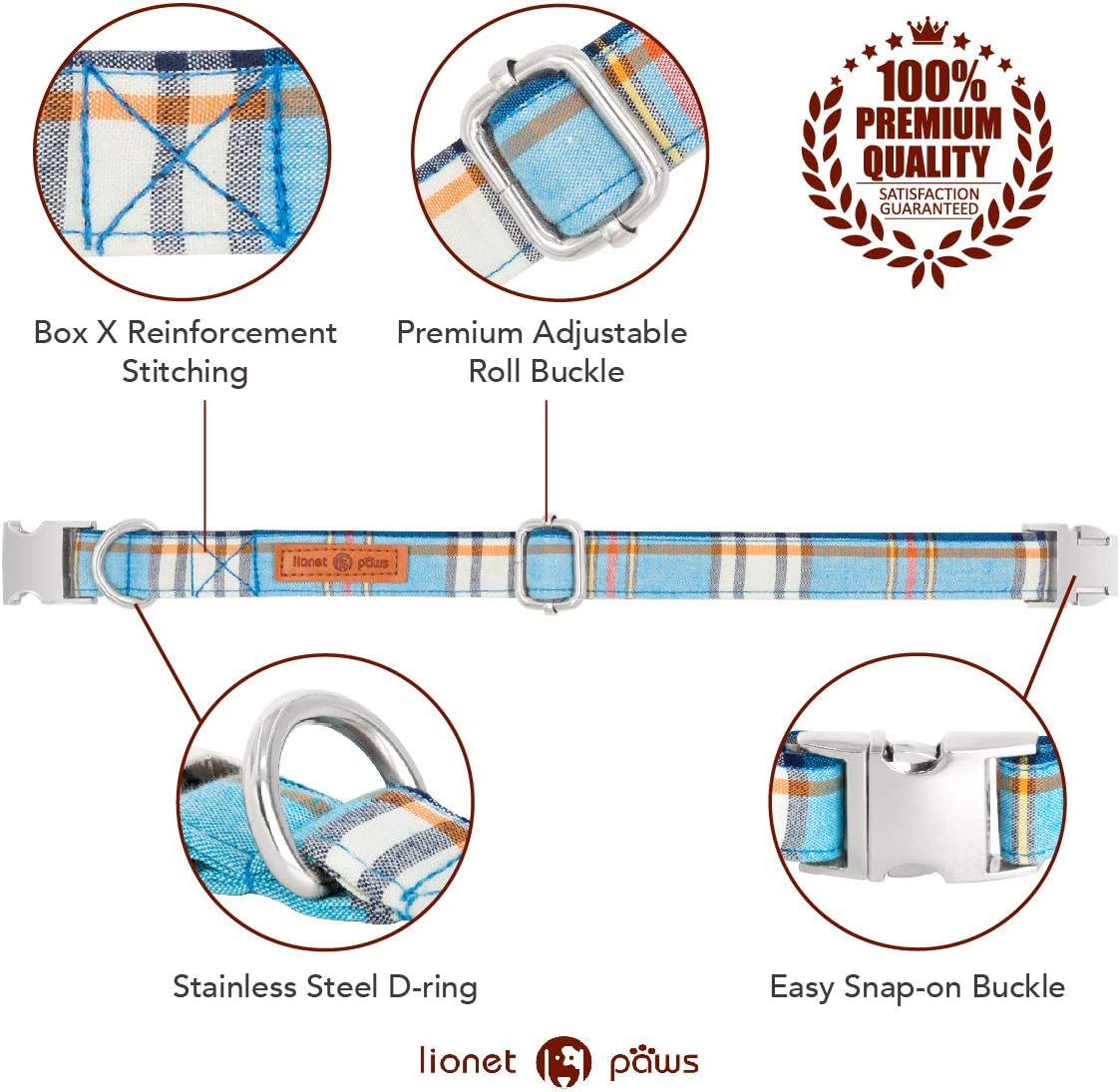 Lionet Paws Boy Dog Collar with Bowtie, Comfortable Adjustable Cute Blue Plaid Bow Tie Collar for Male Dogs Gift, XLarge, Neck 16-26 inches