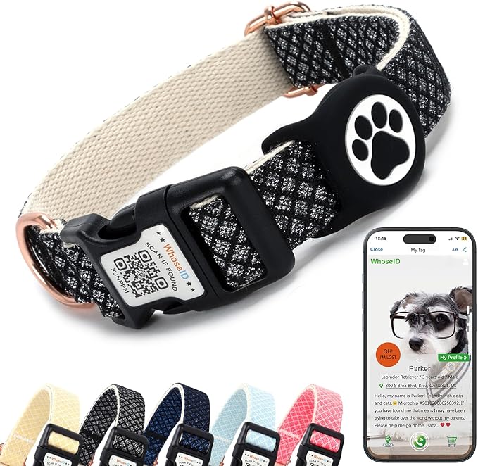 Dog Collar with Waterproof AirTag Holder & Anti-Lost QR Code, Cute Bling Warpping Adjustable Width for Small Medium Large Pet (Black, S)