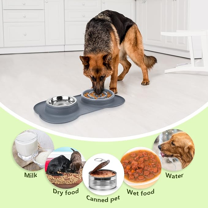 Pecute Slow Feeder Dog Bowls to Slow Down Eating, Dog Bowl Slow Feeder with No-Spill Non-Skid Silicone Mat, Food-Grade Safe Dog Food Bowls Slow Feeder, Stainless Steel Dog Water Bowl for Dogs Cats