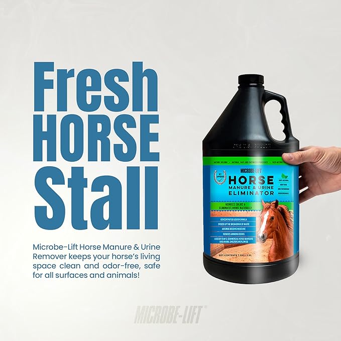 Microbe-Lift Horse Manure & Urine Eliminator – 1 Gallon – Concentrated Formula for Waste & Bedding – Safe for Horses, Feed & Water Areas – Freshens Stalls, Barns & Bedding