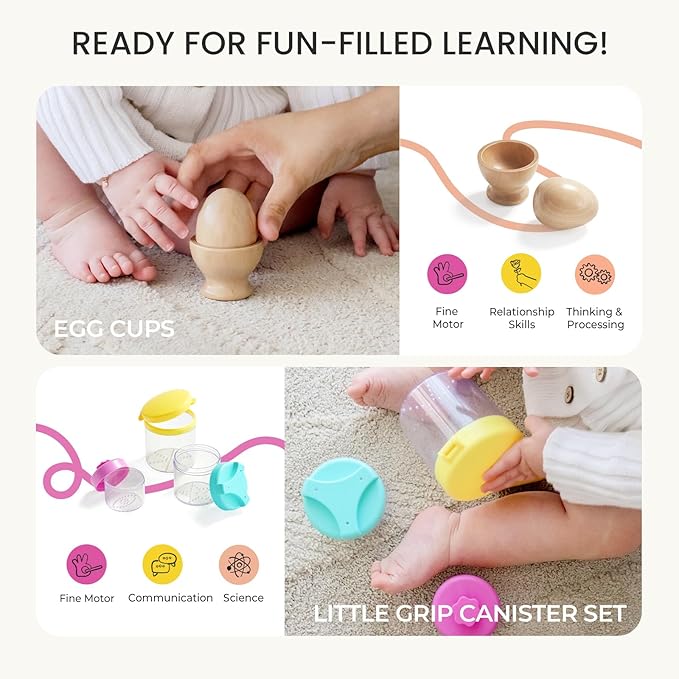 Tiny Land Montessori Toy Set for Babies 1 Year Old Thinker Play Kit- 5-in-1 Wooden Learning Toys with Peg Drop Box, Rocking Stacker, Egg Cup, Canister Set, and Crinkle Bag
