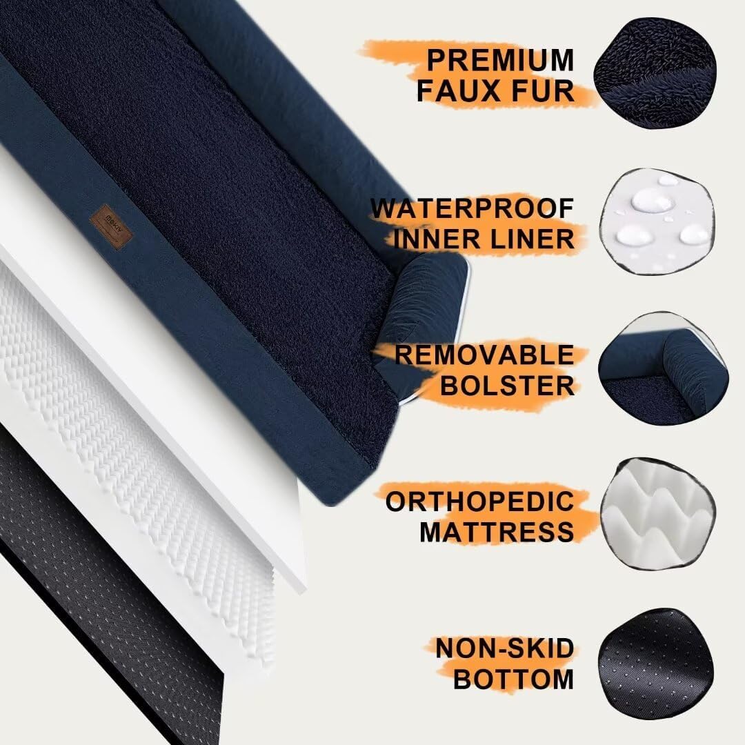 Large Dog Bed Orthopedic Washable - Waterproof with Removable Cover - Memory Foam - Beds Bolster Pet - Couch Sofa - XXL Large Big Dogs - Navy Blue Dog Bed