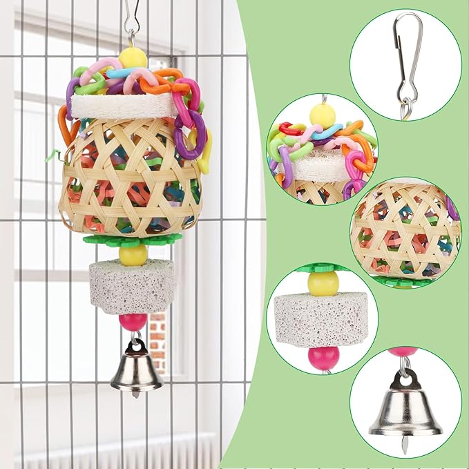 Hypeety Bird Foraging Toys Natural Seagrass Woven Basket Parrot Foraging Chewing Toy with Bell Colourful Parakeet Hanging Toys for Cockatiel Sun Parakeet Budgie Lovebirds (2pcs Woven Basket)