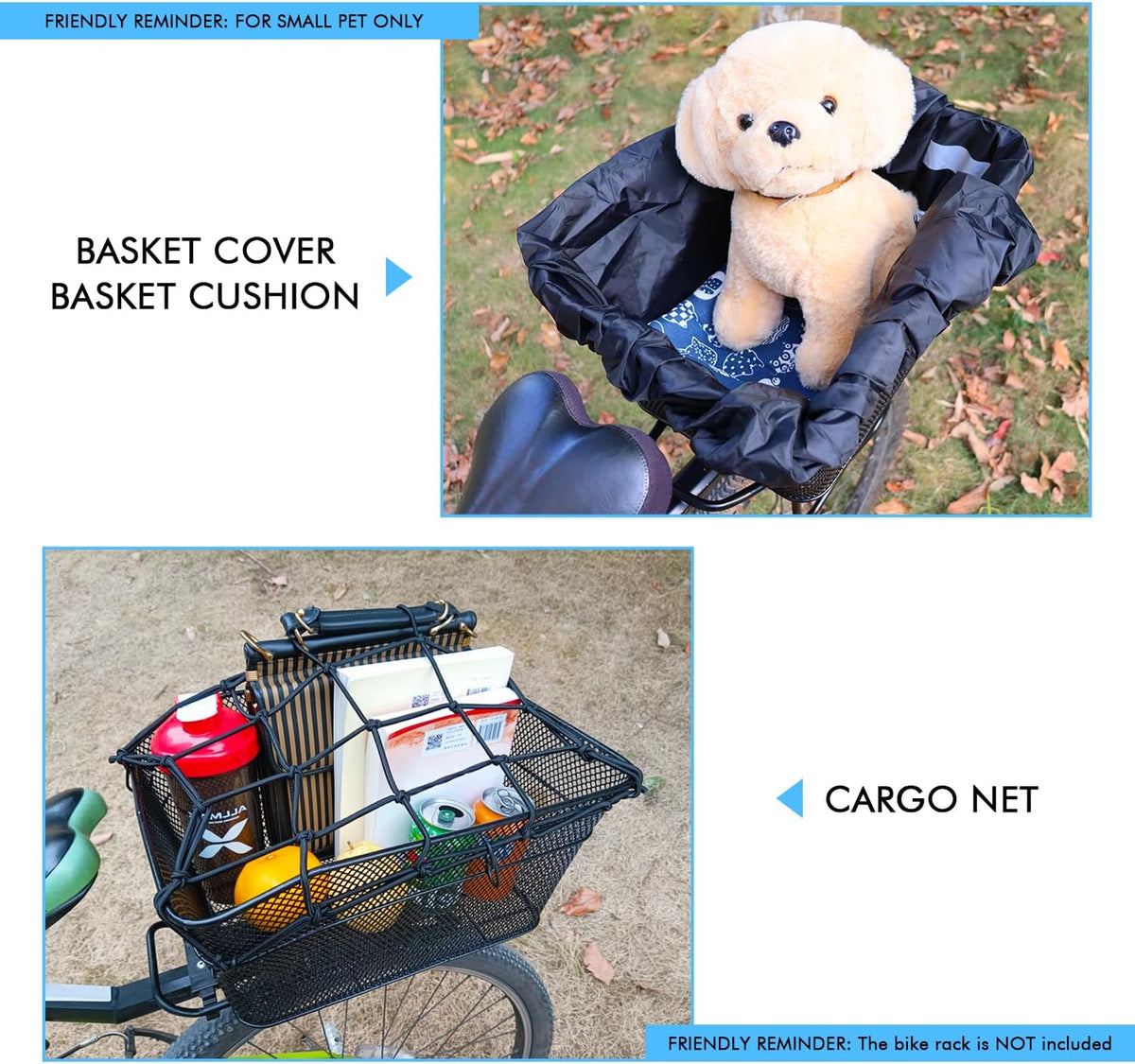 Rear Bike Basket, Tool-Free Install, Dog/Pet Carrier, Ebike Electric Bicycle Back Cargo Basket, Fits Most Rear Racks, with Waterproof Cover, Cargo Net