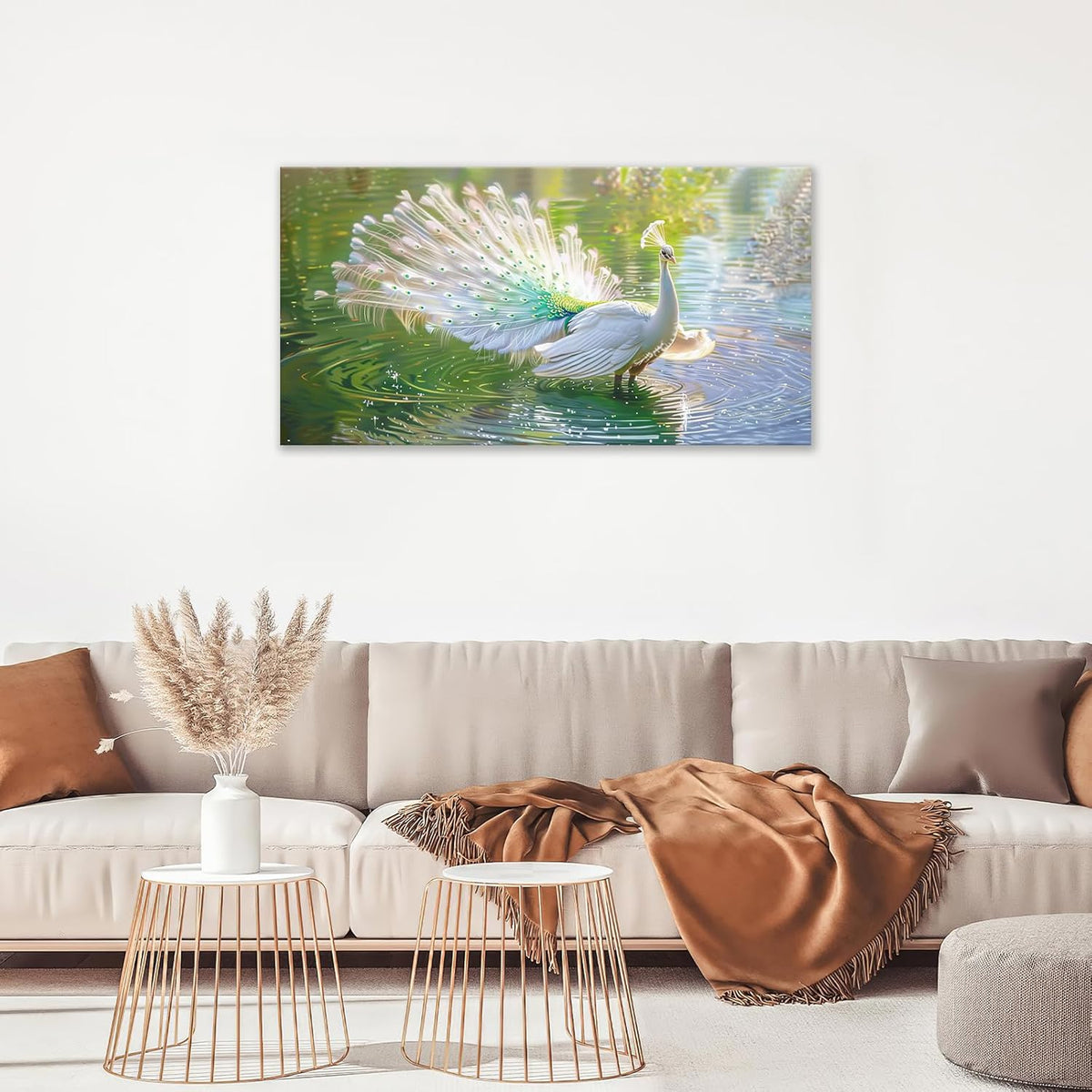 Large White Peacock Wall Art for Living Room Lake Colorful Peacock in Full Bloom Art Big Space Size Framed Bird Canvas Prints Pictures Painting Artwork Office Bedroom Home Decor 60"x30"