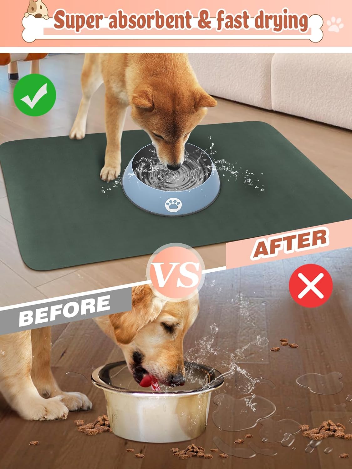 Quick Dry Absorbent Dog Food Mat, 24 x 16 in Diatom Mud Dog Water Bowl Mat, No Messy Anti-Slip Pet Feeding Mat for Medium and Large Dogs