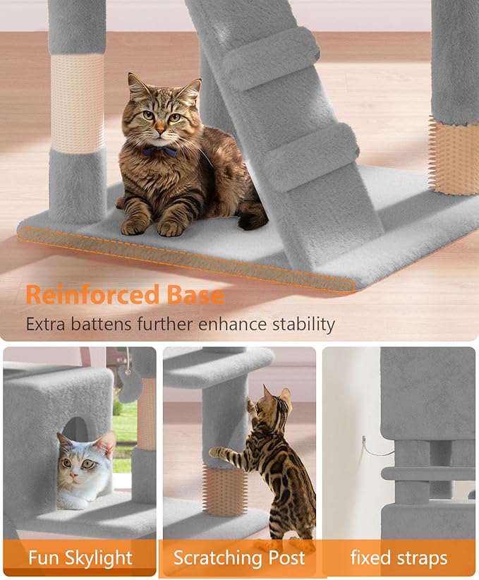77'' Cat tree Tower for Indoor Cats Large Adult,Cute/Tall Modern Cat Tree for Big Cats 20 lbs,Plush Multi-Level Cat Condo with Scratching Posts,Dangling Ball for fun play(Light Gray, 77 inch)