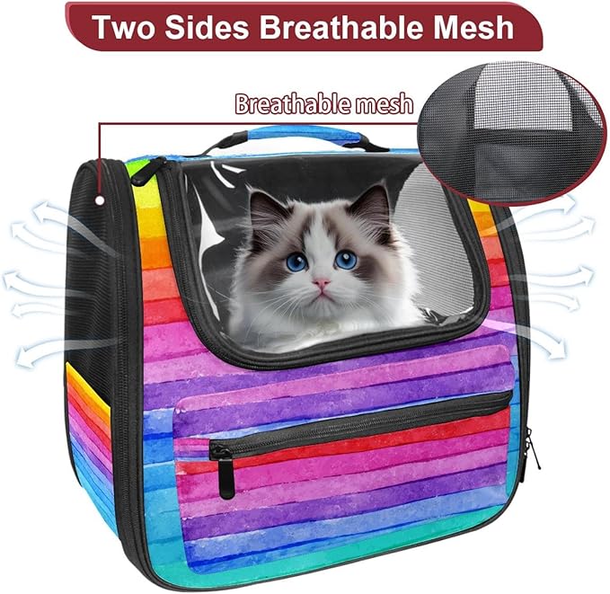 Stripe Rainbow Transparent Pet Carrier for Travel Hiking for Kitty Small Dog