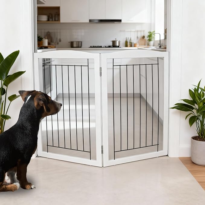 ZJSF Freestanding Foldable Dog Gate - Extra Wide Wooden White Puppy Gate - 2 Panels Pet Fence