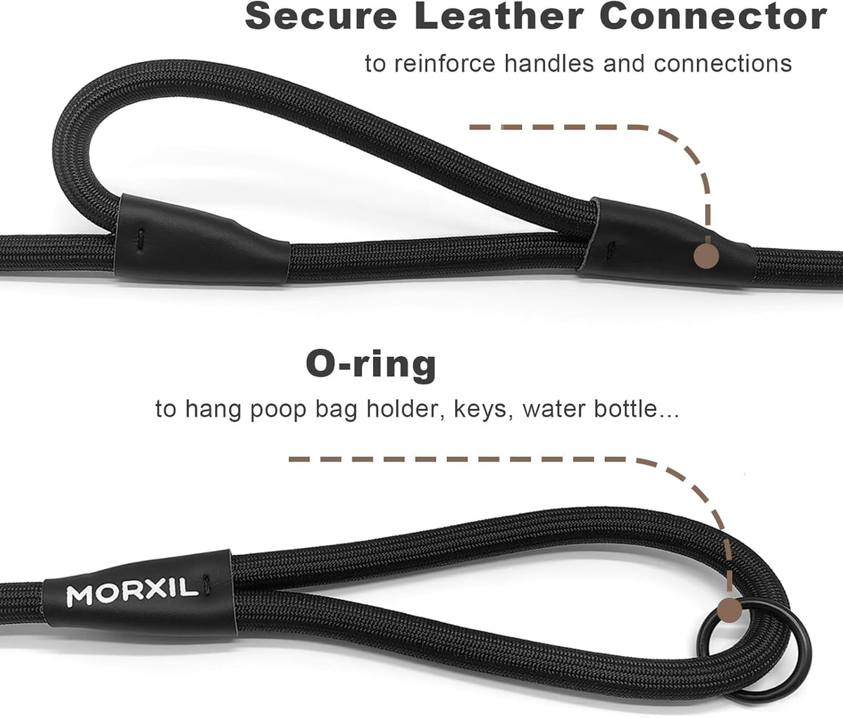 Rope Dog Leash with Two Handles, 6 Foot Heavy Duty Dog Leash with Aviation Aluminum Auto Locking Carabiner, Strong Nylon Pet Lead for Small, Medium, Large Dogs (Black, 6FT-Two Handle)