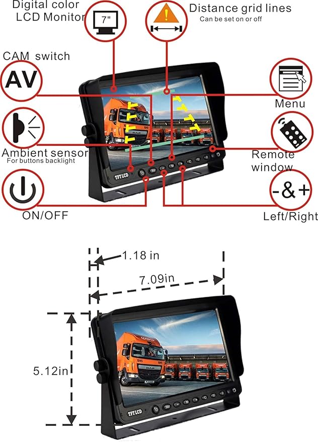 AHD 1080P 7" Reverse Rear View Backup Camera System, Camera with Night Vision Waterproof IP69K Vibration-Proof 10G for Tractor/Truck/Bus/Motorhome/Excavator/Caravan/Skid Steer/Harvester