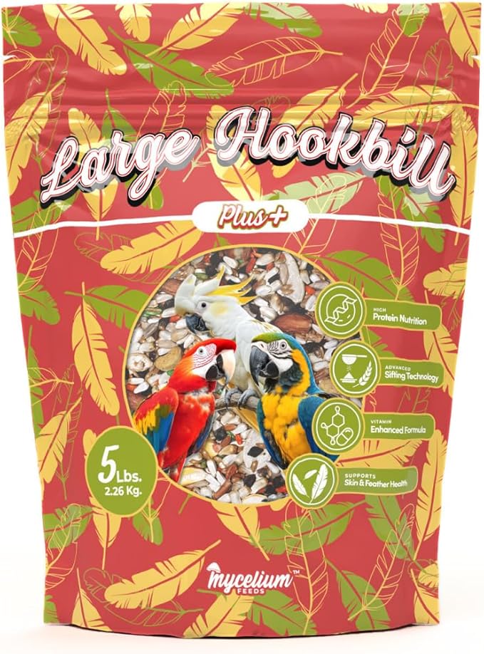 Mycelium Organic Large Hookbill Plus Bird Food (5 LB Bag) | Premium Daily Bird Seed for Macaws, Cockatoos, & Amazons | High-Protein, Vitamin-Fortified Skin & Feather Support | Non-GMO & USA-Made