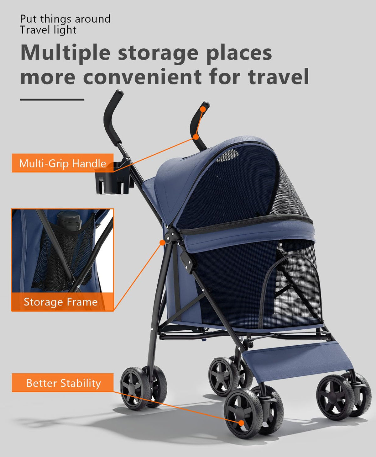 Pet Stroller with 4 Wheels for Small/Medium Pets, Portable Travel Foldable Carrier Jogger for Dog Cat Puppy Kitty, Rear Wheel Breaks, Storage Basket, Visible Mesh Weather Cover (Navy Blue)