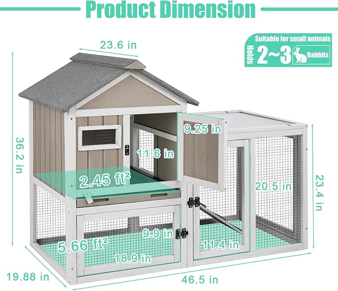 46.5" L Rabbit Hutch Indoor Outdoor Rabbit Cage with Run, Pull Out Tray, Asphalt Roof Large 2 Story Bunny Hutch Wooden Chicken Coop Guinea Pigs Pet House Cage for Small Animals,Grey