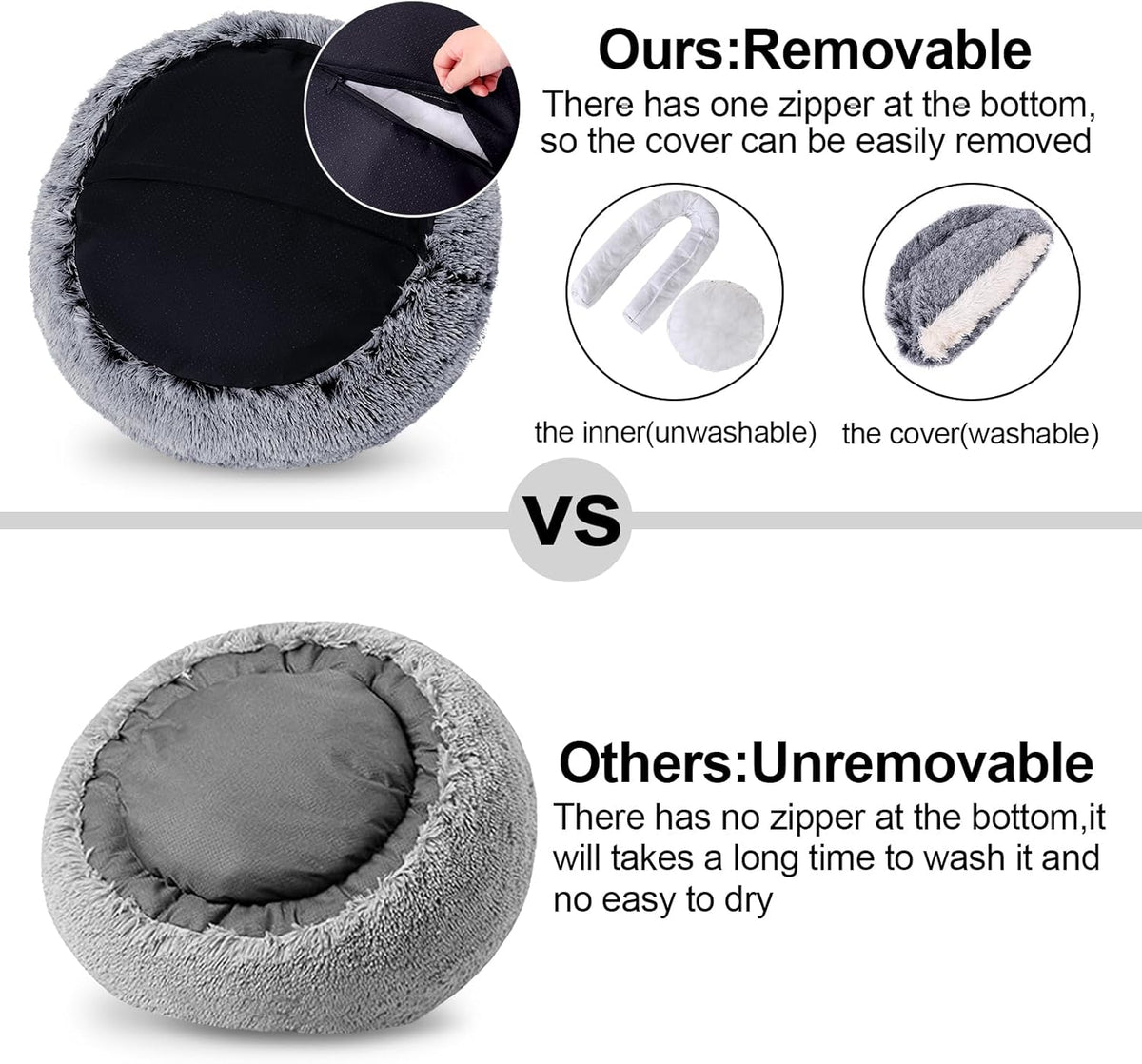 Calming Dog Beds & Cat Cave Bed with Hooded Cover,Removable Washable Round Beds for Small Medium Pets,Anti-Slip Faux Fur Fluffy Coved Bed for Improved Sleep,Fits up to 15/25 lbs(Grey,M)