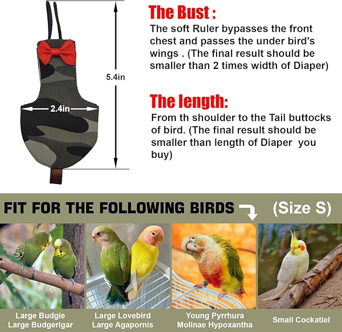 Bird Diaper Washable Reusable Parrot Flight Suit Nappies Protective Breathable Parrot Nappy Clothes for Parakeet, Macaw, Budgie, Canary, Cockatiel (Camouflage, Small)