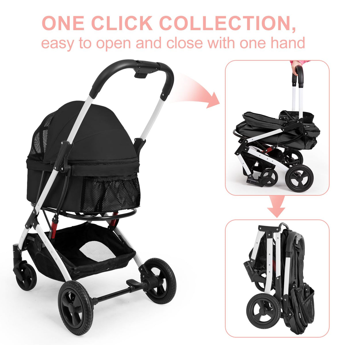 Pet Stroller for Medium Small Dog & Cat, Foldable Lightweight Dog Stroller with Storage Basket Pet Travel Carriage with Safety Leashes, 4 Wheel, Black