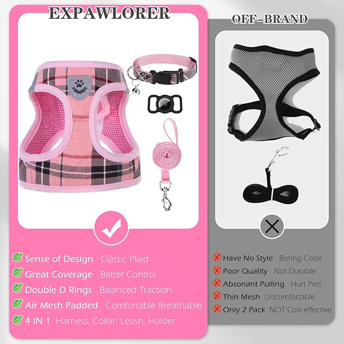 EXPAWLORER Classic Plaid Puppy Harness - Small Dog Harness and Leash Set - Dog Collar and Leash Set with AirTag Holder, Soft Padded Step in Dog Vest Harness No Pull Reflective for Outdoor, Pink XXS