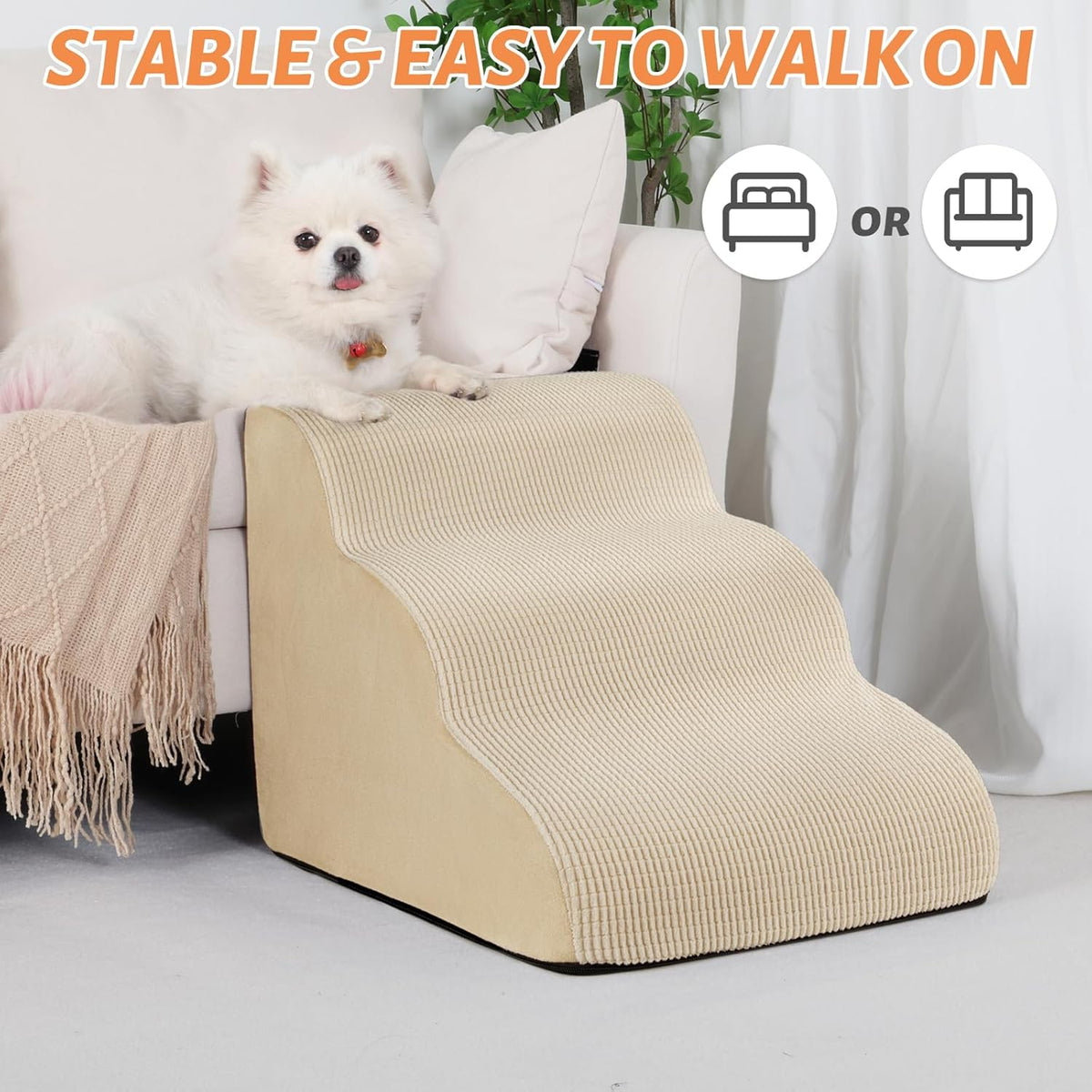 3-Step Dog Ramp and Stairs for Sofa and Chair - Non-Slip Sturdy Pet Steps for Small Dogs and Cats,15.7" H,Beige