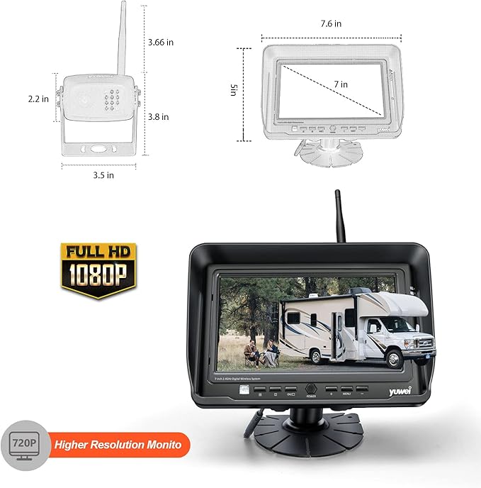 Yuwei Digital Wireless Backup Camera System Kit, AHD1080P, Wireless Rear View Camera and 7'' LCD Wireless Reversing Monitor for Trailer, RV, Bus, Trucks, Horse-Trailer, School Bus, Farm Machine,etc